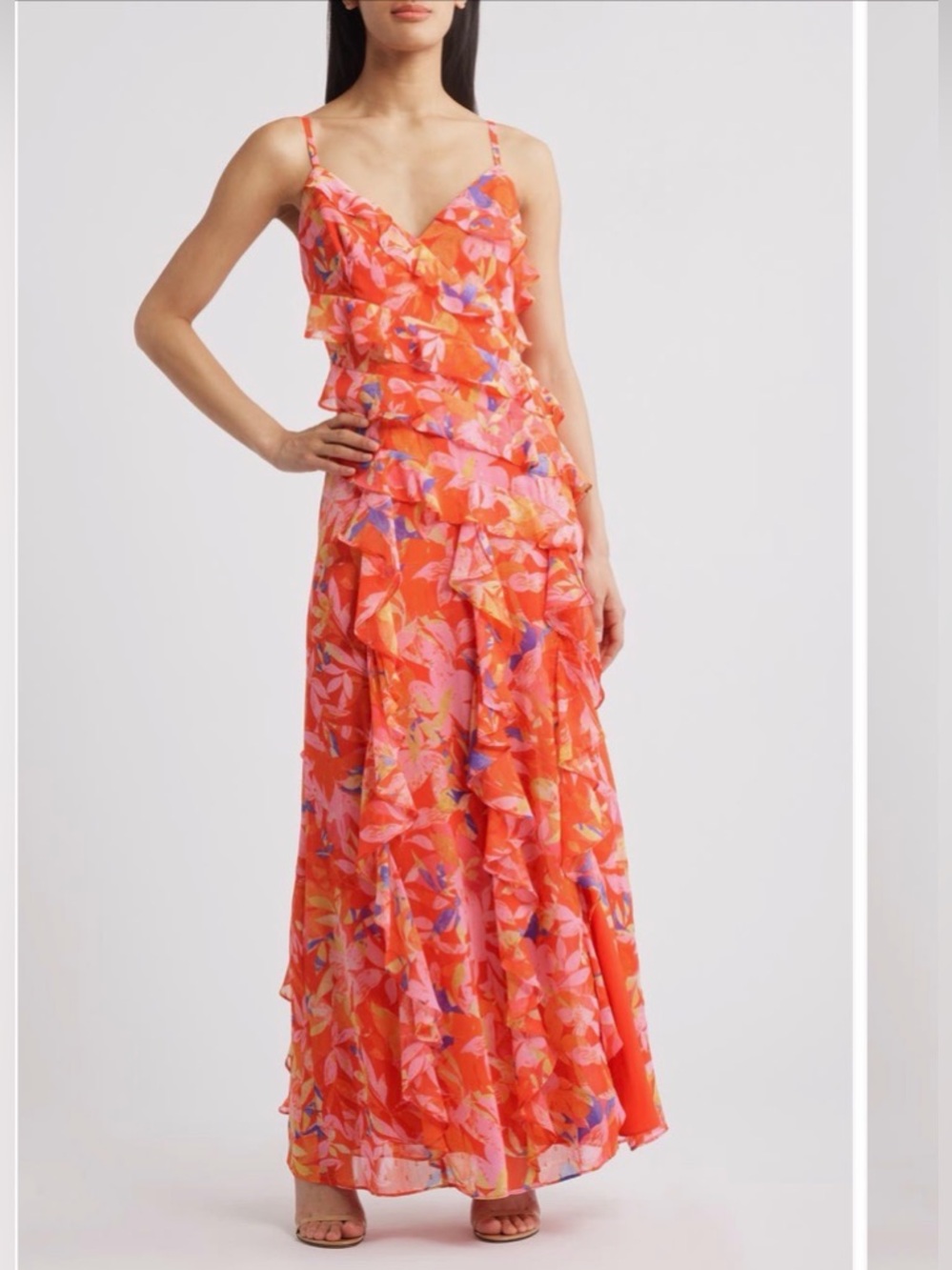 Eliza J Coral Multi Floral Ruffled Maxi Dress New With Tags size 6